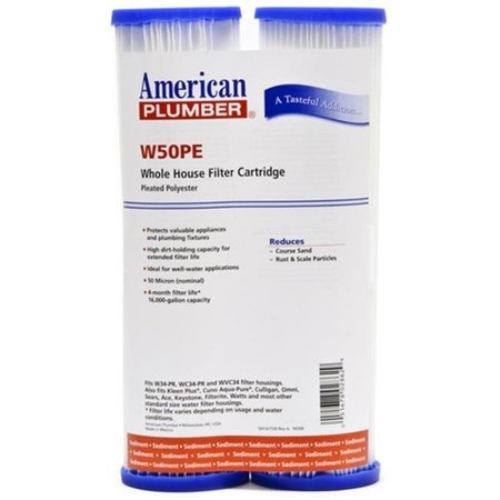 COMMERCIAL WATER DISTRIBUTING Commercial Water Distributing AMERICAN-PLUMBER-W50PE Polypropylene Whole House Sediment Filter Cartridge; 50 Micron - Pack of 2 AMERICAN-PLUMBER-W50PE